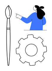 Woman with long hair pointing to the side, a large paintbrush, and a gear icon. Simple colours