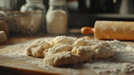 Fototapeta premium Dough Preparation on a Wooden Surface with Flour Dust