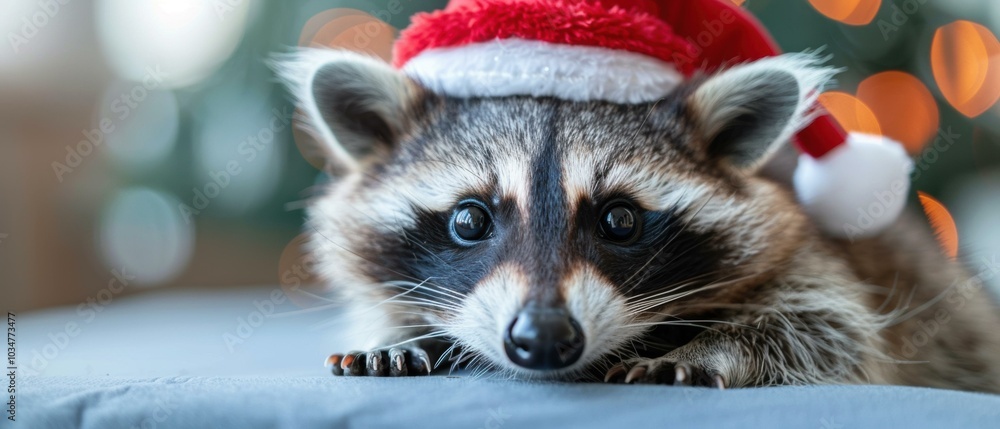 Poster A raccoon wearing a Santa hat looks at the camera. AI.