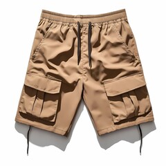 A classic khaki men's cargo shorts with large side pockets and a relaxed fit, neatly displayed on a clean white background, showcasing the versatile, casual design