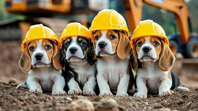 Four beagle puppies wearing hard hats sit in the dirt near a construction site