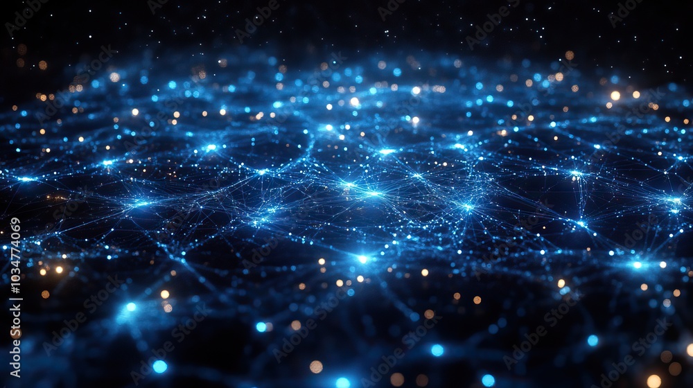 Poster network integration concept visualized with interconnected blue nodes and lines representing connect
