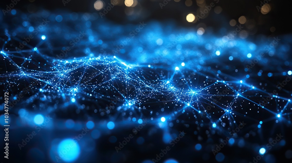 Poster network integration concept visualized with interconnected blue nodes and lines representing connect