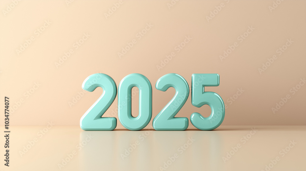 Sticker The year 2025 is creatively showcased in bold, light blue numbers on a smooth beige backdrop, suitable for use in various design contexts