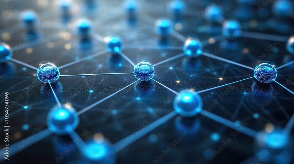 Poster network integration concept visualized with interconnected blue nodes and lines representing connect