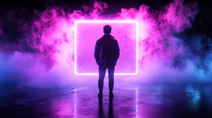 Obraz premium A silhouette stands before a glowing neon square, surrounded by vibrant pink and purple fog, creating a futuristic and enigmatic atmosphere.