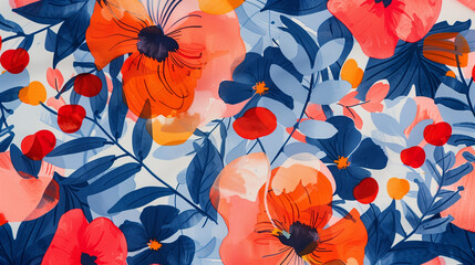 This stylish scarf showcases a lively abstract design, filled with bright flowers and leaves, creating an eye-catching accessory for any outfit