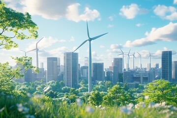Obraz premium White wind turbines and green trees in front of modern city buildings against a blue sky background : Generative AI
