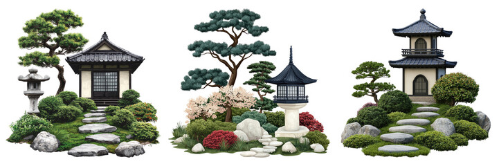 Serene Japanese Garden Elements on Transparent Background