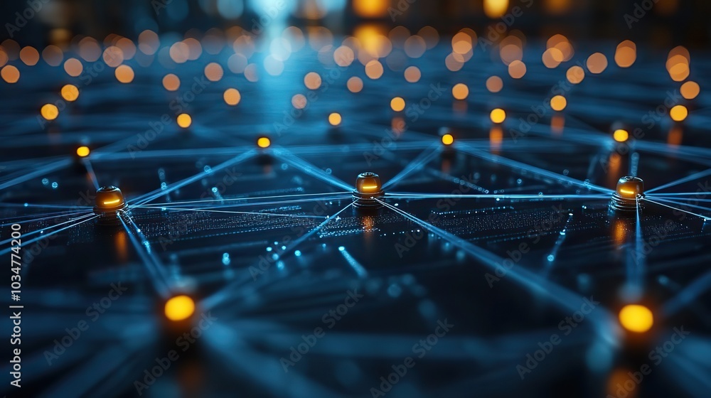 Poster network topology concept with interconnected blue nodes and black lines representing connections.ima