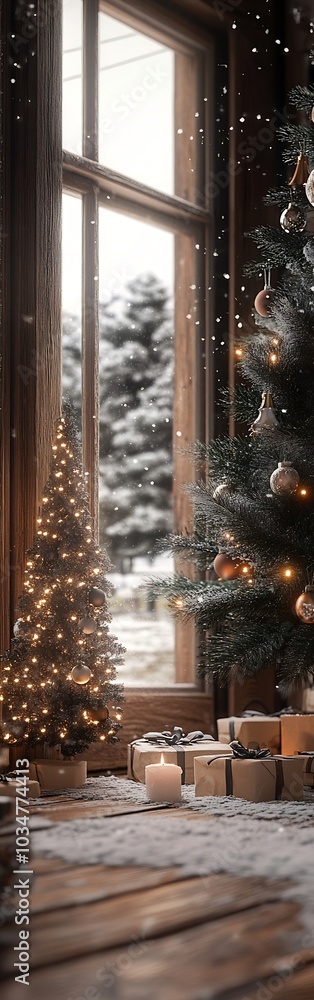 Poster A beautiful New Year tree with balls and gift boxes. : Generative AI