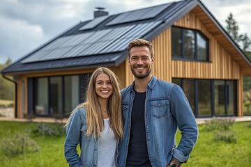 A happy couple standing in front of their modern wooden house  : Generative AI