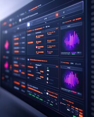 Obraz premium High-tech digital screen with wave visualization and data interface.