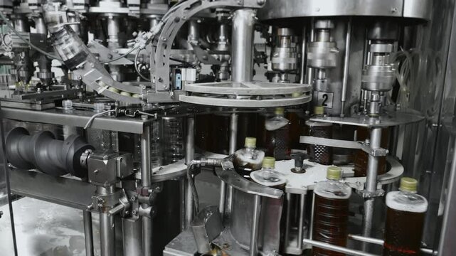 Technological line for bottling drinks at the plant. Automatic screwing of caps on plastic bottles. Beverage production.