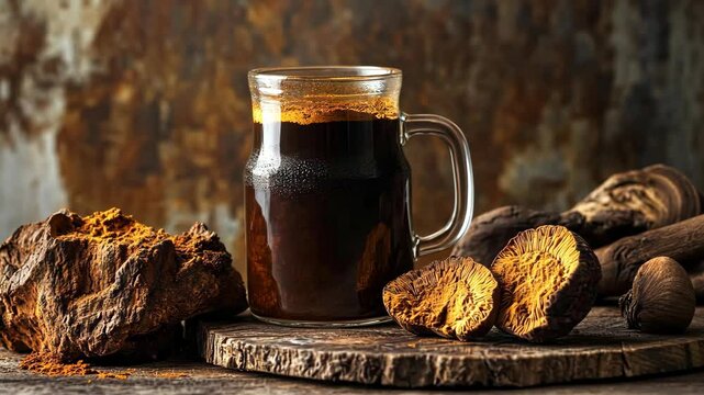 A glass mug filled with chaga tea sits on a wooden surface next to chaga mushroom pieces