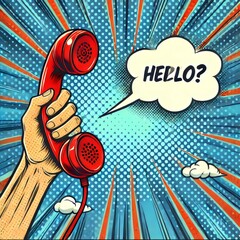 A vibrant pop-art image featuring a hand holding a red telephone with a speech bubble that says 'HELLO?'.