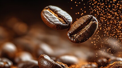 Fototapeta premium Flying coffee beans on dark brown background with copy space. Close up : Generative AI
