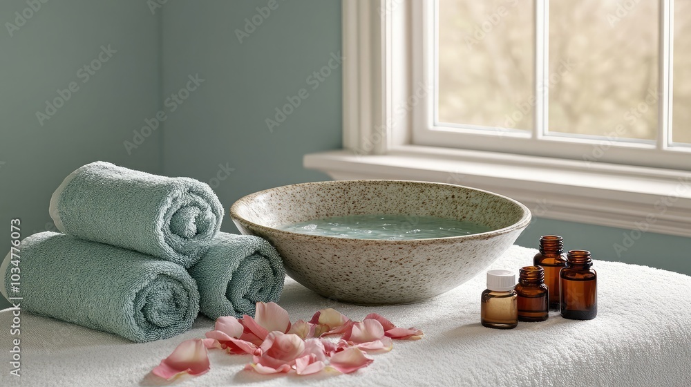 Aufkleber relaxing spa setting with towels and essential oils