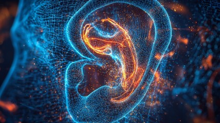 A holoscan of the human ear, with the inner ear's cochlea and auditory nerves highlighted in glowing detail