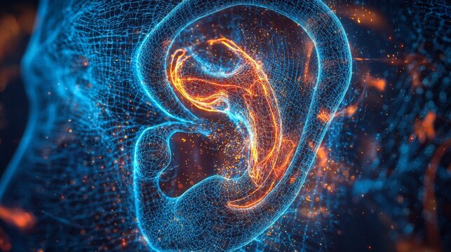 A holoscan of the human ear, with the inner ear's cochlea and auditory nerves highlighted in glowing detail