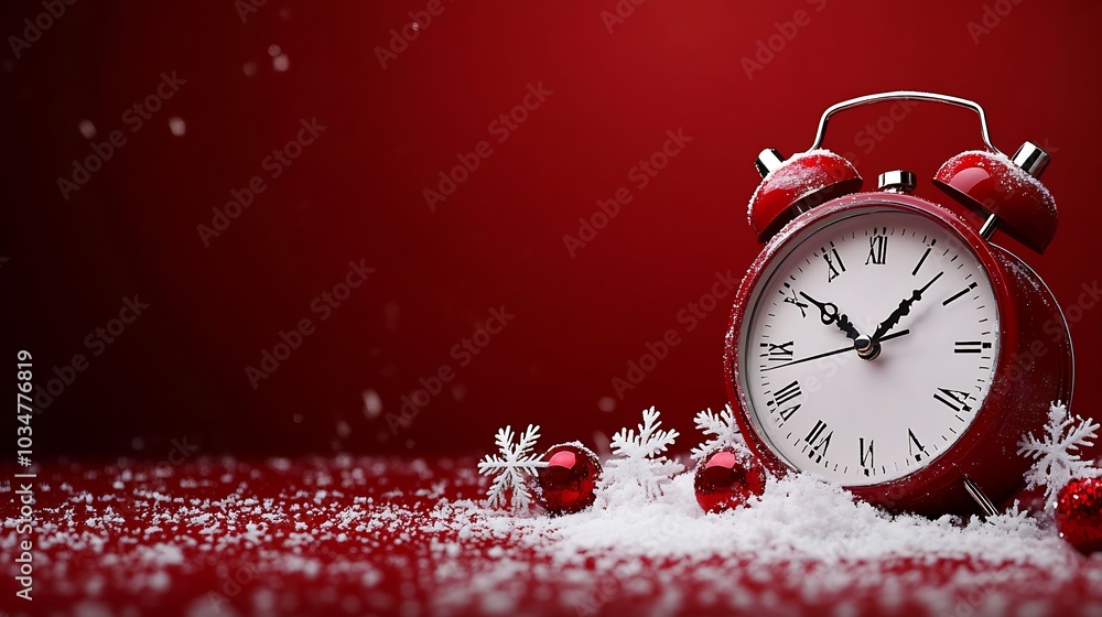 Poster Christmas alarm clock with snowflakes and copy space on red background. : Generative AI