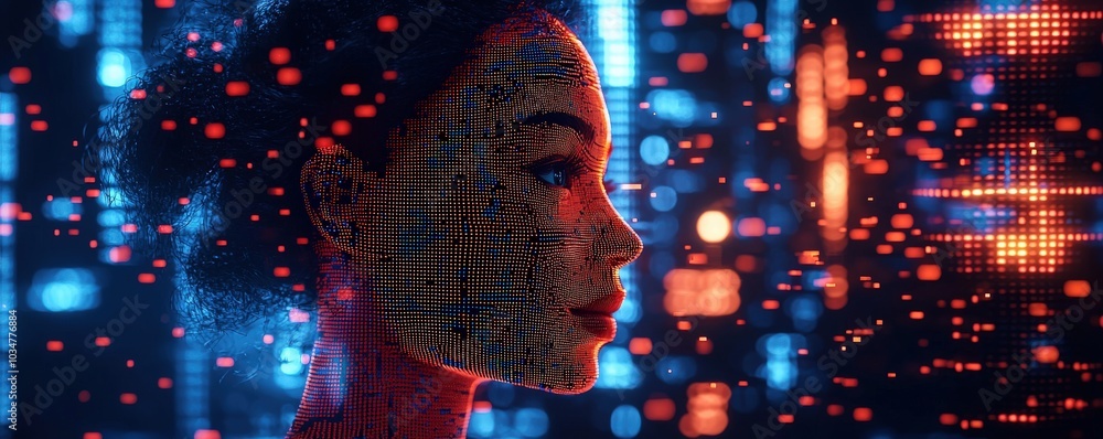 Poster digital portrait with glowing data visualization effects