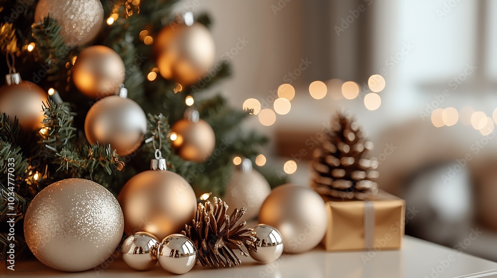 Poster Christmas tree with decorations and snowflake on gold bokeh background. : Generative AI