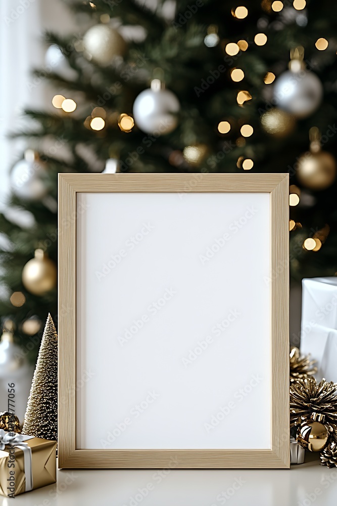 Poster wooden frame mockup of blank framed table sign on a table : generative ai