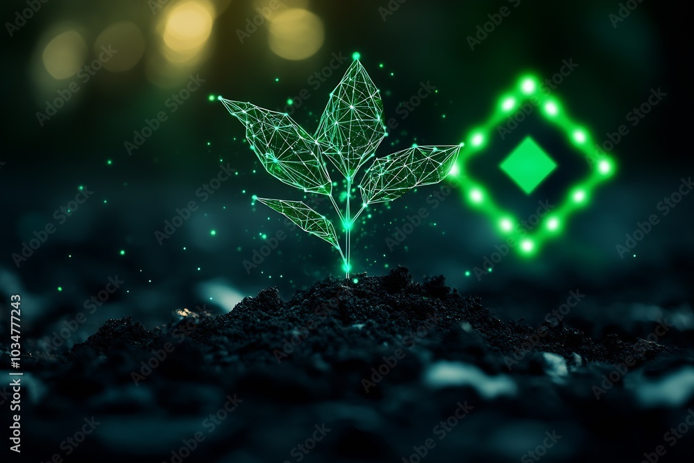 Poster Photograph of a digital plant sprouting from black soil, with a green glowing data network and a futuristic symbol in the background. A green energy concept for sustainable environment : Generative AI