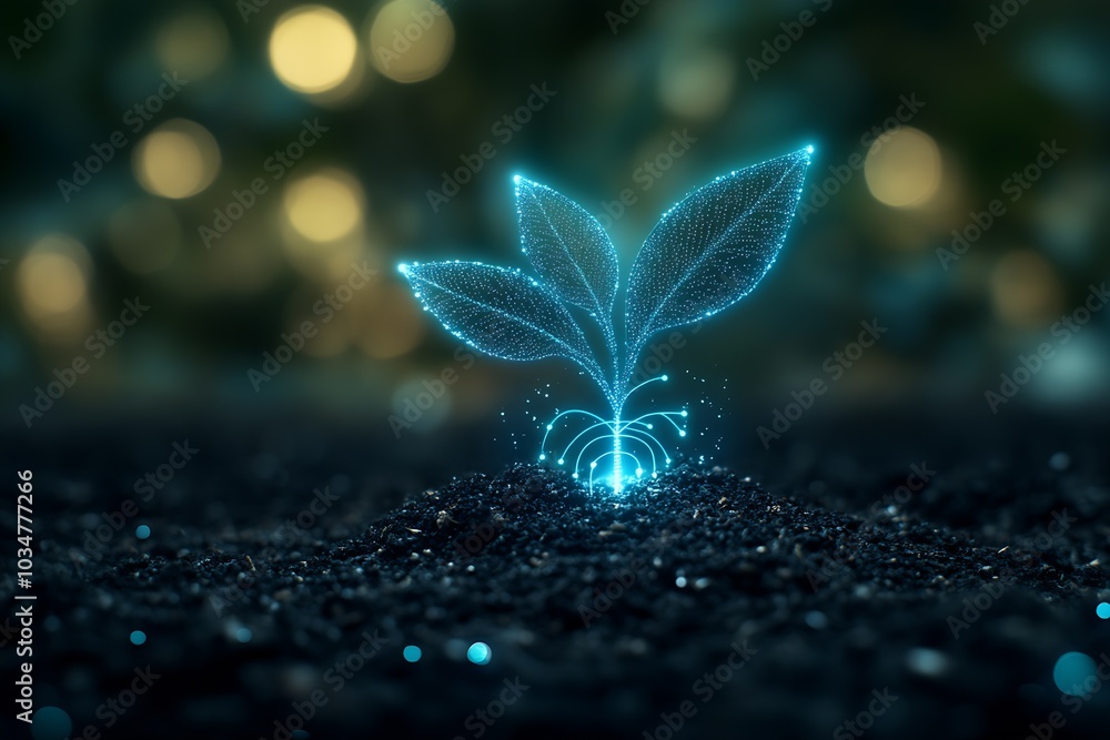 Poster A digital tree sprout growing on black soil with a digital light effect background.  : Generative AI