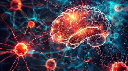 Obraz premium A 3D holoscan of a human brain recovering from injury, with neural pathways highlighted in a futuristic display