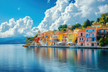 Obraz premium A seaside ancient town with colorful houses built by the sea