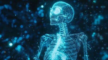 A futuristic holoscan of a human skeleton undergoing bone healing, with glowing projections of new bone growth