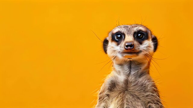 A curious meerkat stands against a vibrant orange background showcasing its playful nature
