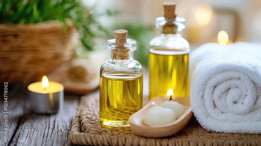 Poster relaxing spa with essential oils and candles