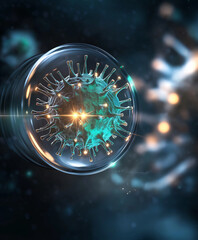 Close-up of a microscope eyepiece with a visible virus, highly detailed and scientific visualization, macro photography