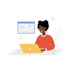 Lsi keyword generation. Latent Semantic Indexing. Key phrases generator. Vector illustration in cartoon style. African female character with laptop is engaged and word search optimization