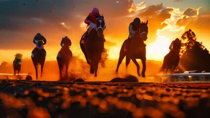 Exciting horse racing event at sunset in a vibrant racing arena with competing jockeys and thoroughbreds