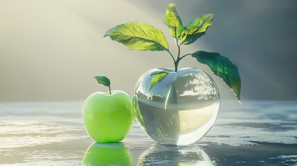 A giant glass apple is growing with a small green apple tree, realistic.