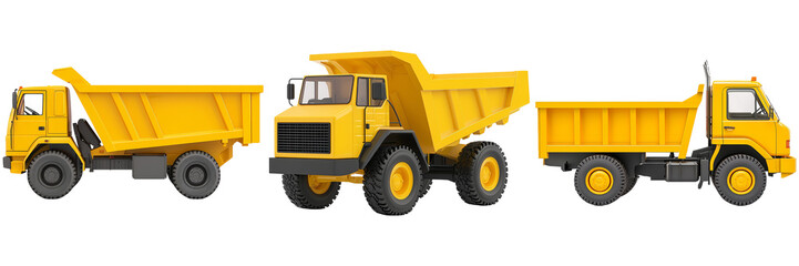Yellow Dump Trucks in Various Angles Isolated on Transparent Background