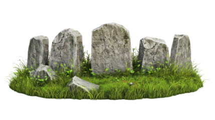 A serene landscape featuring lush green grass and moss on a white background, surrounded by stones and a gentle stream