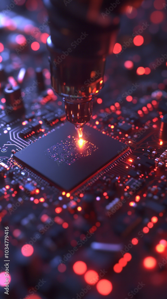 Poster a computer chip is being etched into a circuit board. the image has a futuristic and technological f