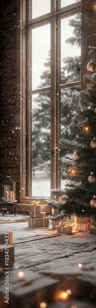 Poster a beautiful new year tree with balls and gift boxes. : generative ai
