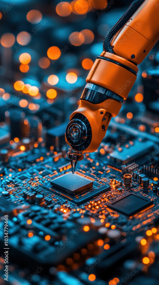 Poster a robot is working on a computer chip. the robot is orange and has a long arm. the computer chip is 