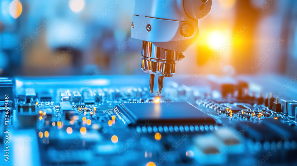 Poster a robot is using a microscope to look at a circuit board. the robot is focused on a small part of th