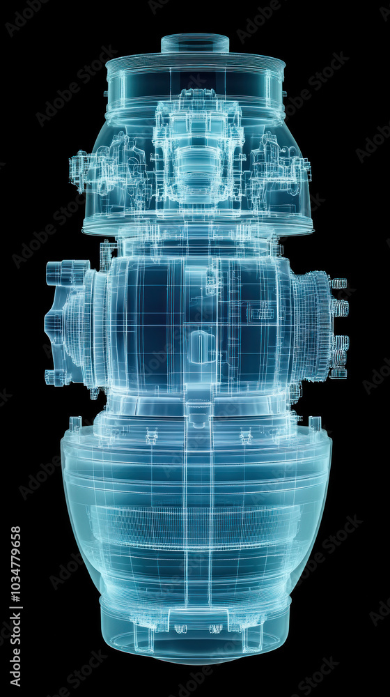 Poster a blue and white image of a machine with a lot of detail. the image is of a machine that is not in u