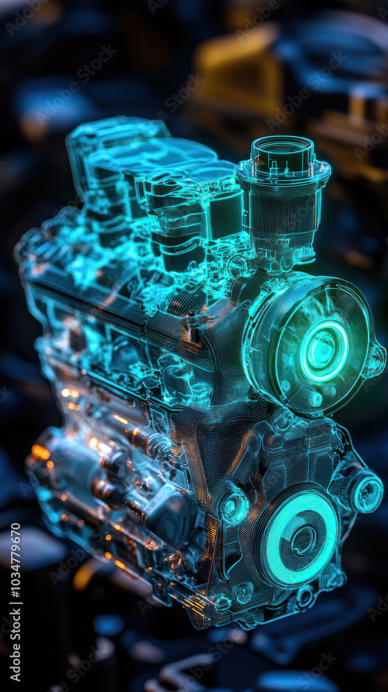 Poster a car engine is shown in a 3d image with a blue hue. the engine is shown in a way that makes it look