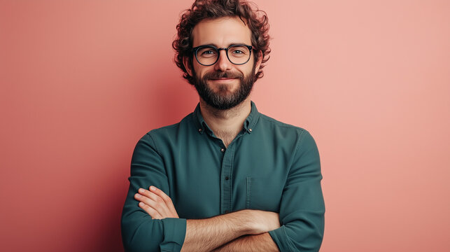 Portrait of a smiling man with curly hair wearing glasses and a green shirt with his arms crossed against a pink background