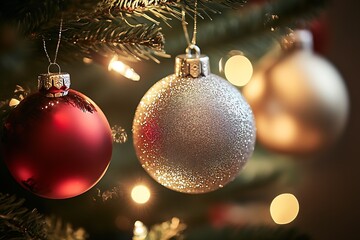 colorful and sparkling Christmas ornaments hanging on a lush green tree : Generative AI