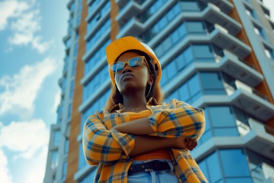 Confident African American woman wearing a hard hat, reflective sunglasses, and a plaid shirt, standing with arms crossed in front of a tall building. The scene conveys strength, professionalism,